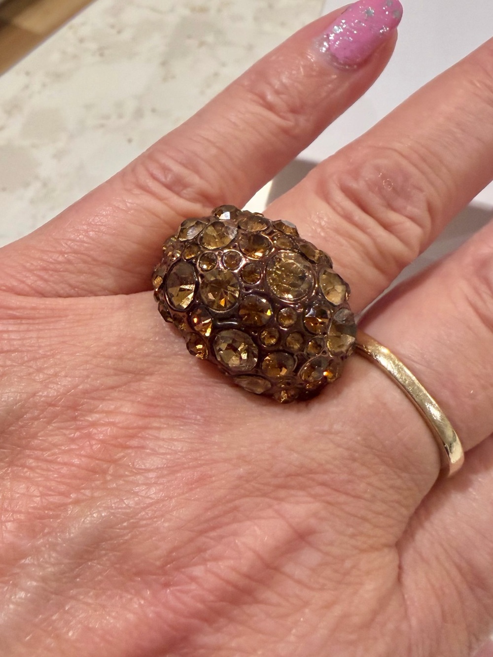 Vintage Fossil Brown Rhinestone Bubble Dome Cocktail Ring - Size 7